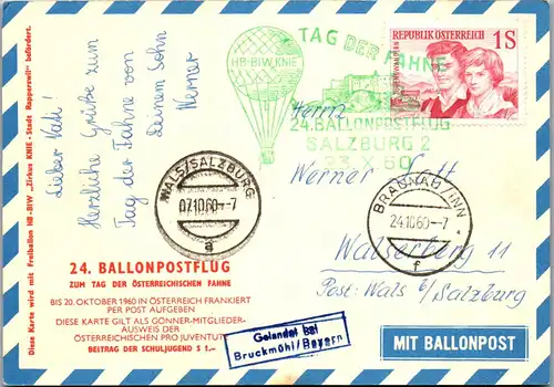 32797 - Österreich - Ballonpost , Braunau am Inn - Wals bei Salzburg , Irrläufer - gelaufen 1960