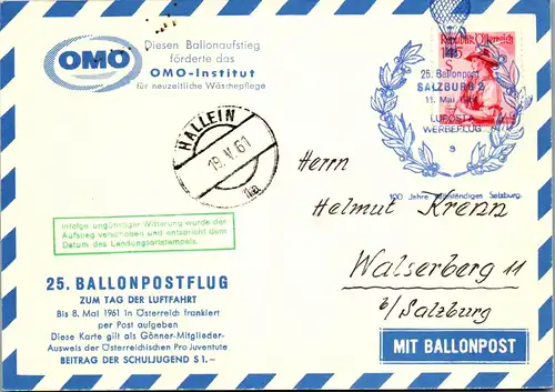 32799 - Österreich - Ballonpost , Hallein - Wals bei Salzburg - gelaufen 1961
