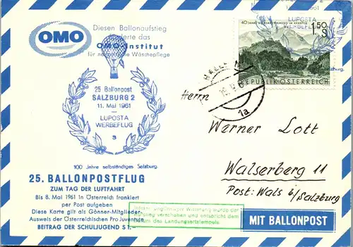 32800 - Österreich - Ballonpost , Hallein - Wals bei Salzburg - gelaufen 1961