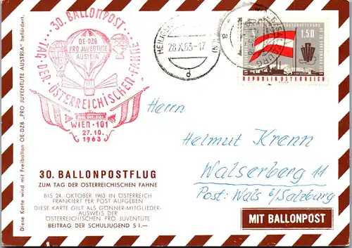 32802 - Österreich - Ballonpost , Heiligenkreuz bei Baden - Wals bei Salzburg - gelaufen 1963