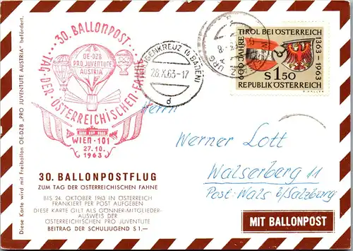 32803 - Österreich - Ballonpost , Heiligenkreuz bei Baden - Wals bei Salzburg - gelaufen 1963