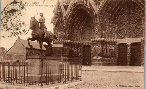 33217 - Frankreich - Reims , Portail de la Cathedrale et Statue Jeanne d'Arc - gelaufen 1928