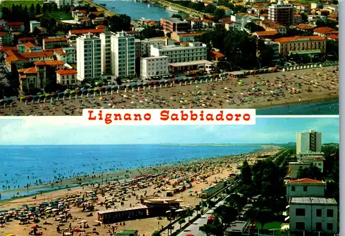 33693 - Italien - Lignano Sabbiadoro , La Spiaggia e il porticciolo dall'aero , Strand - gelaufen 1971