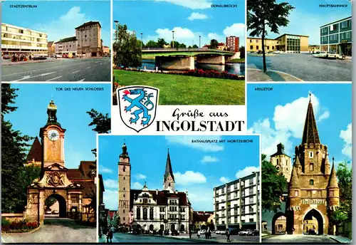 33716 - Deutschland - Ingolstadt , Stadtzentrum , Bahnhof , Kreuztor , Moritzkirche , Mehrbildkarte - gelaufen 1974