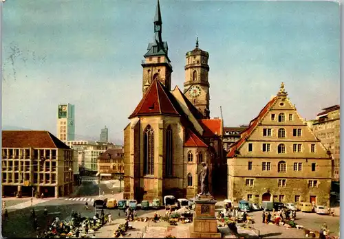 33717 - Deutschland - Stuttgart , Schillerplatz mit Stiftskirche und Blick zum Rathaus - gelaufen 1973