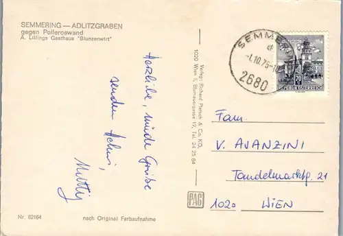 33724 - Niederösterreich - Semmering , Adlitzgraben gegen Polleroswand , Gasthaus A. Lillings Blunzenwirt - gelaufen 1975