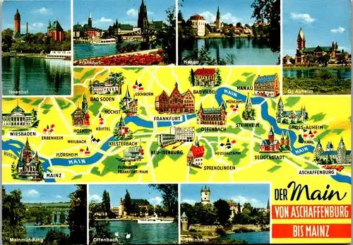 33755 - Deutschland - Der Main von Aschaffenburg bis Mainz , Frankfurt , Mainmündung , Steinheim , Auheim , Mehrbildkarte - gelaufen 1971