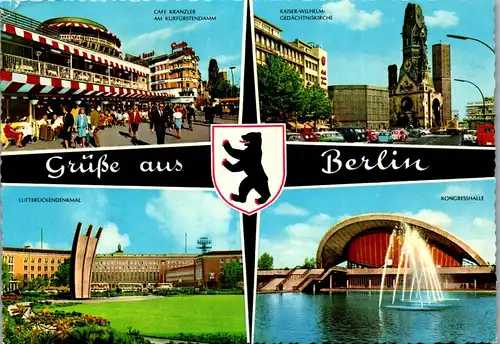 33785 - Deutschland - Berlin , Cafe Kranzler , Luftbrückendenkmal , Kaiser Wilhelm Gedächtniskirche , Mehrbildkarte - gelaufen 1968