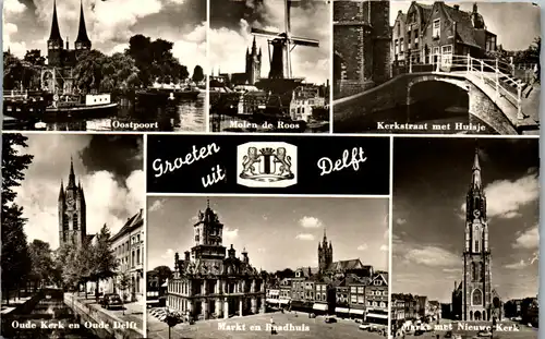 34004 - Niederlande - Delft , Oostpoort , Molen de Roos , Markt en Raadhuis , Nieuwe Kerk , Mehrbildkarte - nicht gelaufen