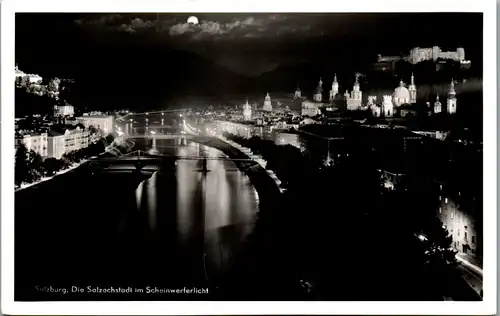 34723 - Salzburg - Stadt im Scheinwerferlicht , Salzach - gelaufen 1956