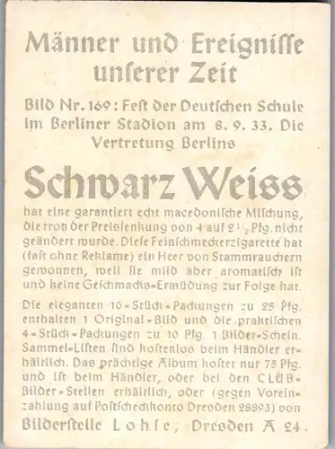 35342 - Zigarettenbilder - Männer und Ereignisse unserer Zeit , Serie I , Nr. 169 , Fest der Deutschen Schule im Berliner Stadion 1933