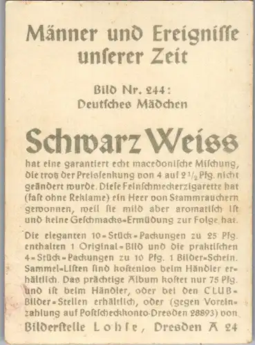 35346 - Zigarettenbilder - Männer und Ereignisse unserer Zeit , Serie I , Nr. 244 , Deutsches Mädchen