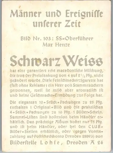 35349 - Zigarettenbilder - Männer und Ereignisse unserer Zeit , Serie I , Nr. 103 , SS Oberführer Max Henze