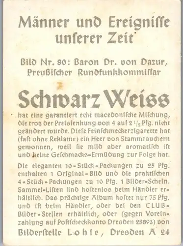 35352 - Zigarettenbilder - Männer und Ereignisse unserer Zeit , Serie I , Nr. 80 , Baron Dr. von Dazur , Preussischer Rundfunkkomissar