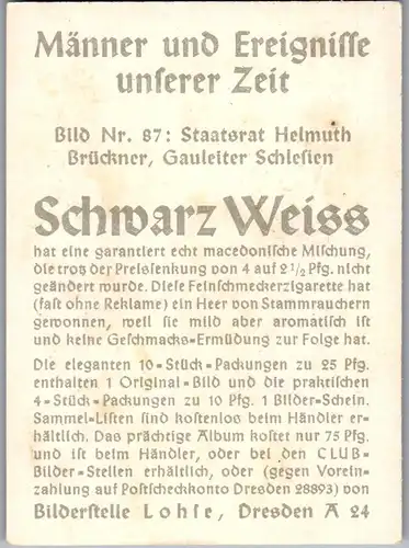 35353 - Zigarettenbilder - Männer und Ereignisse unserer Zeit , Serie I , Nr. 87 , Staatsrat Helmuth Brückner , Gauleiter Schlesien