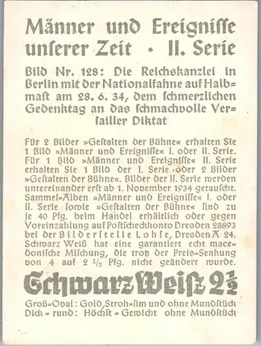 35357 - Zigarettenbilder - Männer und Ereignisse unserer Zeit , Serie II , Nr. 128 , Die Reichskanzlei in Berlin , Fahre auf Halbmast
