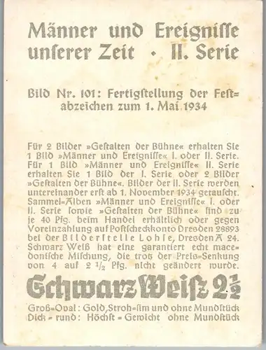 35373 - Zigarettenbilder - Männer und Ereignisse unserer Zeit , Serie II , Nr. 101 , Fertigstellung der Festabzeichen 1. Mai 1934