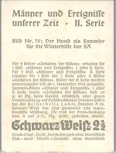 35374 - Zigarettenbilder - Männer und Ereignisse unserer Zeit , Serie II , Nr. 75 , Der Hund als Sammler für die Winterhilfe der SA