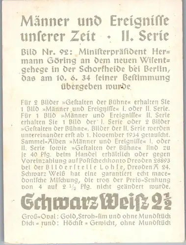 35377 - Zigarettenbilder - Männer und Ereignisse unserer Zeit , Serie II , Nr. 92 , Ministerpräsident Hermann Göring , Schorfheide Berlin
