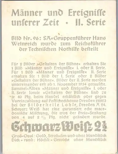 35378 - Zigarettenbilder - Männer und Ereignisse unserer Zeit , Serie II , Nr. 96 , SA Gruppenführer Hans Weinreich