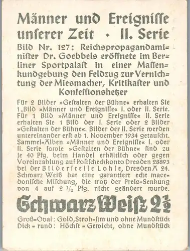 35381 - Zigarettenbilder - Männer und Ereignisse unserer Zeit , Serie II , Nr. 127 , Reichspropagangaminister Dr. Göbbels , Rede Berliner Sportpalast