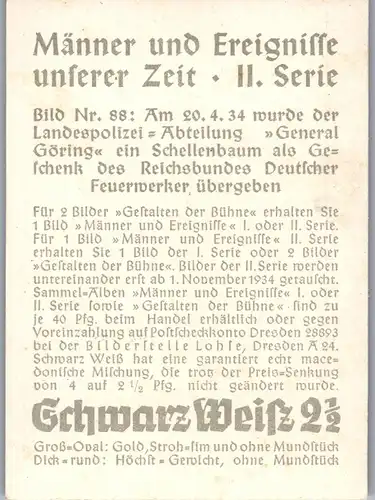 35382 - Zigarettenbilder - Männer und Ereignisse unserer Zeit , Serie II , Nr. 88 , General Göring , Schellenbaum