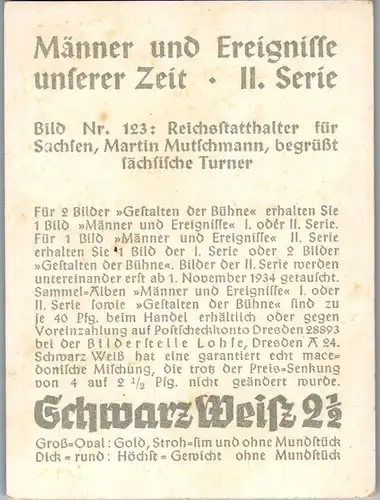 35392 - Zigarettenbilder - Männer und Ereignisse unserer Zeit , Serie II , Nr. 123 , Reichsstatthalter für Sachsen Martin Mutschmann , Turner