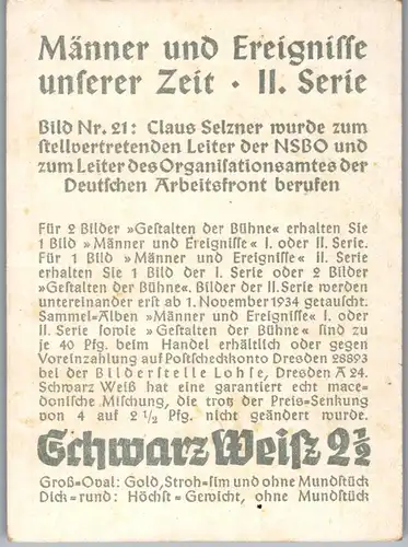 35407 - Zigarettenbilder - Männer und Ereignisse unserer Zeit , Serie II , Nr. 21 , Claus Selzner , NSBO