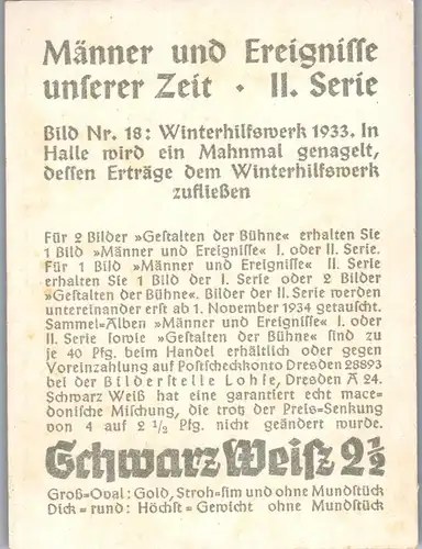 35410 - Zigarettenbilder - Männer und Ereignisse unserer Zeit , Serie II , Nr. 18 , Winterhilfswerk 1933 , Mahnmal