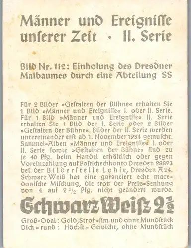 35423 - Zigarettenbilder - Männer und Ereignisse unserer Zeit , Serie II , Nr. 112 , Einholung des Dresdner Maibaumes durch SS