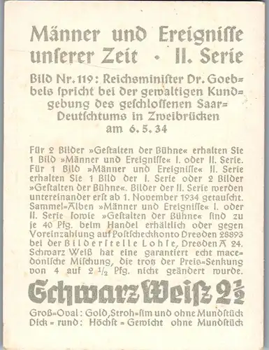 35426 - Zigarettenbilder - Männer und Ereignisse unserer Zeit , Serie II , Nr. 119 , Reichsminister Dr. Göbbels in Zweibrücken