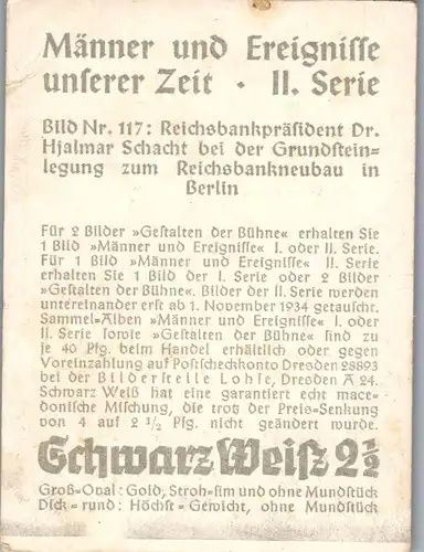 35427 - Zigarettenbilder - Männer und Ereignisse unserer Zeit , Serie II , Nr. 117 , Reichsbankpräsident Dr. Hjalmar Schacht