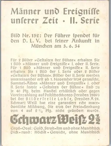 35428 - Zigarettenbilder - Männer und Ereignisse unserer Zeit , Serie II , Nr. 152 , Der Führer spendet für den D. L. V