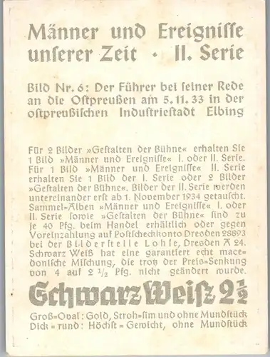 35441 - Zigarettenbilder - Männer und Ereignisse unserer Zeit , Serie II , Nr. 6 , Der Führer bei seiner Rede an die Ostpreußen , Elbing
