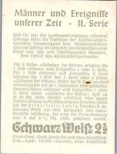 35443 - Zigarettenbilder - Männer und Ereignisse unserer Zeit , Serie II , Nr. 144 , Landespolizeigruppe , General Göring , Ritter von Epp , Boemken