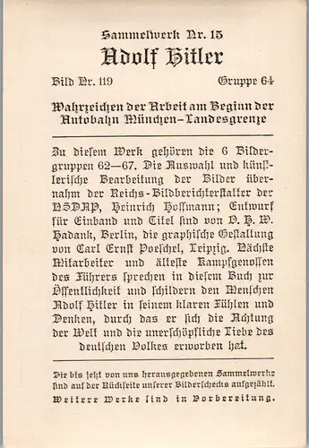 35465 - Sammelbilder - Sammelwerk Nr. 15 , Adolf Hitler , Gruppe 64 , Bild Nr.: 119 , Wahrzeichen der Arbeit am Beginn der Autobahn München Landesgrenze