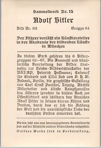 35494 - Sammelbilder - Sammelwerk Nr. 15 , Adolf Hitler , Gruppe 64 , Bild Nr.: 101 , Der Führer verläßt ein Künstlerateliert in der Akademie der bildenden Künste in München