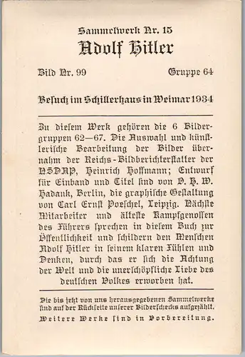 35495 - Sammelbilder - Sammelwerk Nr. 15 , Adolf Hitler , Gruppe 64 , Bild Nr.: 99 , Besuch im Schillerhaus in Weimar 1934