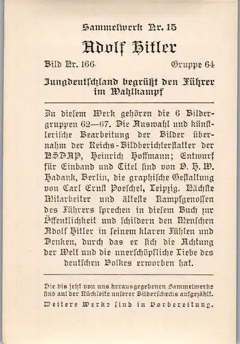 35502 - Sammelbilder - Sammelwerk Nr. 15 , Adolf Hitler , Gruppe 64 , Bild Nr.: 166 , Jungdeutschland begrüßt den Führer im Wahlkampf