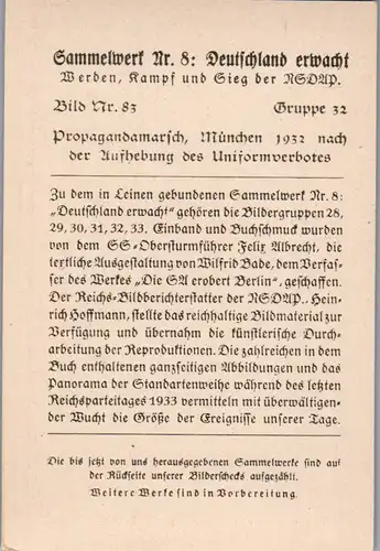 35578 - Sammelbilder - Sammelwerk Nr. 8 , Deutschland erwacht , Gruppe 32 , Bild Nr.: 83 , Propagandamarsch München 1932 nach der Aufhebung des Uniformverbotes