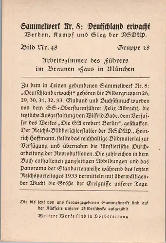 35627 - Sammelbilder - Sammelwerk Nr. 8 , Deutschland erwacht , Gruppe 28 , Bild Nr.: 48 , Arbeitszimmer des Führers im Braunen Haus in München