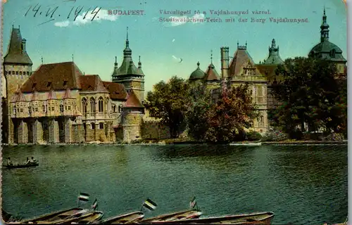 35665 - Ungarn - Budapest , Stadtwäldchen Teich mit der Burg Vajdahunyad - gelaufen 1914