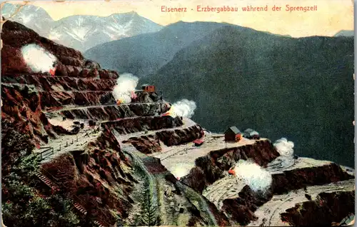 35690 - Steiermark - Eisenerz , Erzbergabbau während der Sprengzeit - gelaufen 1910