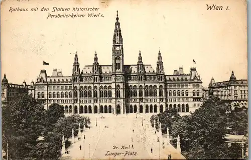 35789 - Wien - Wien I , Rathaus mit den Statuen historischer Persönlichkeiten Wien`s , Dr. Karl Lueger Platz - gelaufen 1909