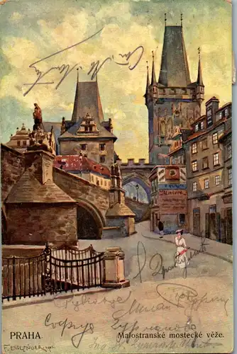 35809 - Künstlerkarte - Prag , Praha , Malostranske mostecke veze. , signiert F. Engelmüller - gelaufen