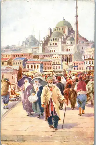 35872 - Künstlerkarte - Türkei , Constantinople , Istanbul , Jeni Djami et le pont de Galata , signiert - nicht gelaufen