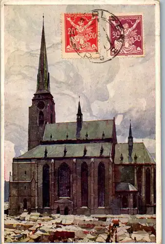 35877 - Künstlerkarte - Plzen , Pilsen , Kostel sv. Bartolomeje , Bartolomäuskirche - gelaufen 1921