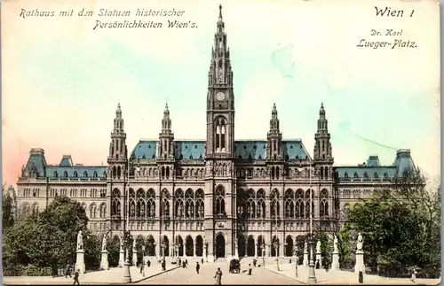 35914 - Wien - Wien I , Rathaus mit den Statuen historischer Persönlichkeiten Wien`s , Dr. Karl Lueger Platz - gelaufen 1913
