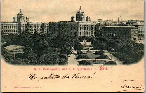 35920 - Wien - Wien I , K. k. Volksgarten und k. k. Hofmuseen - gelaufen 1900