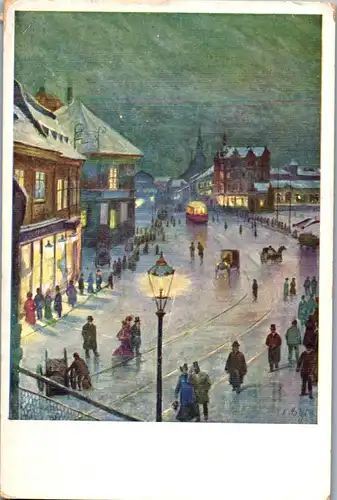 35949 - Künstlerkarte - Pilsen , Plzen , Nadrazni trida Zimni vecer , signiert Karel Masek  - nicht gelaufen